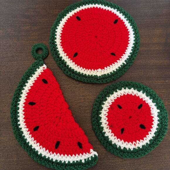 Vintage 3 Handmade Watermelon Crocheted Knit Hot Pad Potholder Trivet Farmhouse - Picture 2 of 12